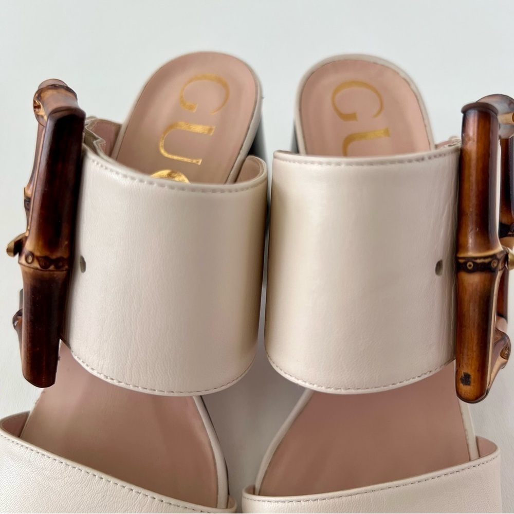 GUCCI || Bamboo Buckle Mule Sandals White Leather Block Heel EU 37 - Picture 8 of 16